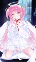 Rule 34 | 1girl, absurdres, artist request, bare shoulders, highres, kaname madoka, kneeling, looking at viewer, mahou shoujo madoka magica, pink hair, smile, solo, two side up, ultimate madoka, wings, yellow eyes