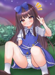 Rule 34 | 1girl, blue bow, blue dress, blue ribbon, blunt bangs, blurry, blurry background, blush, bow, brown eyes, brown hair, closed mouth, commentary request, dress, fairy wings, feet out of frame, flat chest, frilled shirt collar, frills, furrowed brow, hair bow, hand up, highres, kasoka soka, knees up, long hair, looking at viewer, night, night sky, outdoors, panties, puffy short sleeves, puffy sleeves, raised eyebrows, ribbon, short sleeves, sitting, sky, smile, solo, star (sky), star (symbol), star print, star sapphire, touhou, twilight, underwear, v, very long hair, white panties, wings