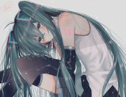 Rule 34 | 1girl, 2019, bare shoulders, black skirt, blue eyes, blue hair, blue necktie, blush, character name, copyright name, dated, detached sleeves, english text, expressionless, grey background, hair between eyes, hands on own knees, hatsune miku, heart, highres, ichijiku (user yhjw8354), leaning forward, long hair, necktie, number tattoo, shirt, shoulder tattoo, simple background, skirt, solo, tattoo, text focus, thighhighs, twintails, very long hair, vocaloid, white shirt