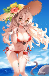 Rule 34 | + +, 1girl, :d, absurdres, ahoge, bare shoulders, bikini, blue archive, breasts, brown eyes, brown hat, cleavage, flower, front-tie bikini top, front-tie top, hair ornament, hairclip, halterneck, hand on own thigh, hat, hat flower, highres, horns, hyoin, izumi (blue archive), izumi (swimsuit) (blue archive), large breasts, long hair, looking at viewer, mole, mole on thigh, navel, o-ring, o-ring bikini, octopus, open mouth, red bikini, scrunchie, side-tie bikini bottom, smile, solo, standing, stomach, straw hat, string bikini, swimsuit, thigh gap, wet, white hair, wrist scrunchie, wristband