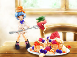 Rule 34 | 1girl, biscuit (bread), bisuke-tan, blue hair, blueberry, cream, food, food-themed hair ornament, food as clothes, fork, fruit, hair ornament, in food, kfc, mini person, minigirl, orange eyes, oversized object, raspberry, short hair, solo, strawberry, syrup, yukiha