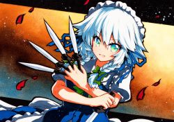 Rule 34 | 1girl, :d, bad id, bad twitter id, bow, braid, green bow, green eyes, grey hair, hair bow, holding, holding knife, izayoi sakuya, knife, looking at viewer, maid, maid headdress, medium hair, open mouth, puffy short sleeves, puffy sleeves, qqqrinkappp, short sleeves, side braids, smile, solo, touhou, traditional media, twin braids, upper body
