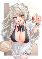 Rule 34 | 1girl, alternate costume, apron, bikini, black bikini, black bow, black bowtie, bow, bowtie, breasts, bridal garter, brown eyes, cake, cleavage, conte di cavour (kancolle), cowboy shot, detached collar, enmaided, food, frilled apron, frills, fruit, grey hair, highres, kantai collection, kasashi (kasasi008), large breasts, long hair, maid, maid headdress, smile, solo, strawberry, strawberry shortcake, swimsuit, thighhighs, two side up, white apron, white thighhighs