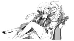 2girls artist_name between_legs bracelet closed_eyes closed_mouth commentary english_commentary gloves greyscale high_heels highres holding holding_leash honkai:_star_rail honkai_(series) jade_(honkai:_star_rail) jewelry leash lipstick_mark lipstick_mark_on_face long_hair looking_at_another monochrome multiple_girls off-shoulder_shirt off_shoulder open_mouth parted_lips shirt short_hair skirt smile thighhighs topaz_(honkai:_star_rail) yuri zahauku