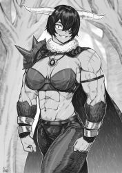 Rule 34 | 1girl, abs, absurdres, armor, biceps, bra, bracelet, cape, clenched hands, demon girl, greyscale, hair over one eye, highres, horns, jewelry, looking at viewer, monochrome, muscular, muscular female, necklace, original, pants, pauldrons, scar on shoulders, short hair, shoulder armor, single pauldron, solo, speedl00ver, spiked pauldrons, underwear