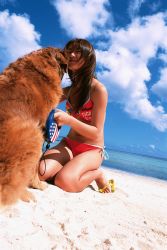 Rule 34 | beach, bikini, dog, flip-flops, highres, kamata natsumi, photo (medium), sandals, swimsuit
