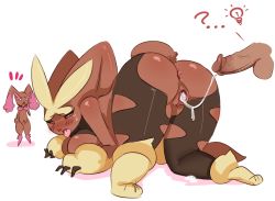 Rule 34 | 10s, 1girl, 2boys, :&lt;, animal ears, ass, black sclera, breasts, colored sclera, creatures (company), cum, cum in pussy, furry, game freak, gen 4 pokemon, large breasts, legs, lightsource, lopunny, mega lopunny, mega pokemon, monster, multiple boys, nintendo, penis, pokemon, pokemon (creature), pokemon oras, pokemon xy, pussy, rabbit ears, red eyes, sex, tagme, testicles, tongue, trap, uncensored