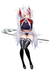 Rule 34 | 1girl, :q, absurdres, antenna hair, arms behind back, azur lane, belt, black footwear, boots, breasts, checkered flag, collarbone, collared shirt, crop top, cropped jacket, cropped shirt, cross, dated, earpiece, flag, full body, hair between eyes, head tilt, highleg, highleg panties, highres, iron cross, jacket, large breasts, leaning forward, long hair, looking at viewer, miniskirt, multicolored hair, navel, official alternate costume, open clothes, open jacket, panties, prinz eugen (azur lane), prinz eugen (final lap) (azur lane), purple jacket, purple shirt, purple skirt, race queen, red hair, red panties, shirt, sidelocks, silver hair, simple background, sitting, skindentation, skirt, sleeveless, sleeveless shirt, smile, solo, stomach, streaked hair, tangdouji (machine), taut clothes, taut shirt, thigh boots, thighhighs, tongue, tongue out, two-tone skirt, two side up, underboob, underwear, very long hair, white background, white belt, white skirt, yellow eyes, zettai ryouiki