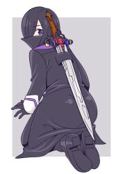 Rule 34 | 1girl, abe tsukumo, black hair, cloak covering mouth, kanisuka rita, ohsama sentai king-ohger, purple eyes, super sentai, sword, sword behind back, weapon