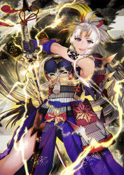 Rule 34 | 1girl, :d, armor, bad id, bad pixiv id, bare shoulders, breasts, commentary request, copyright request, faulds, floating hair, holding, holding sword, holding weapon, japanese armor, katana, large breasts, legs apart, lightning, long hair, looking at viewer, open mouth, parted bangs, pelvic curtain, purple eyes, shutsuri, smile, solo, sparks, sword, tassel, tattoo, very long hair, waist cape, weapon, white hair
