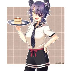 Rule 34 | 1girl, adapted costume, bad id, bad pixiv id, black legwear, black skirt, breasts, cake, checkered clothes, checkered necktie, checkered neckwear, employee uniform, eyepatch, fang, food, hand on own hip, headgear, highres, kantai collection, kotobuki (momoko factory), looking at viewer, medium breasts, necktie, open mouth, purple hair, shirt, short hair, short sleeves, skirt, smile, solo, standing, tenryuu (kancolle), tray, twitter username, uniform, whipped cream, white shirt, yellow eyes