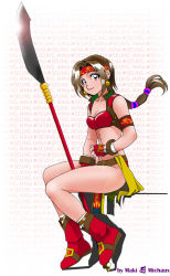 Rule 34 | 1girl, armlet, artist name, bare legs, boots, breasts, brown eyes, brown hair, character name, cleavage, earrings, fingerless gloves, gloves, headband, jewelry, lens flare, long hair, looking at viewer, maki michaux, midriff, naginata, polearm, ponytail, seong mi-na, sitting, smile, solo, soul calibur, soulcalibur ii, thighs, weapon