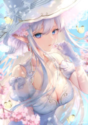 Rule 34 | 1girl, blue eyes, breasts, bug, butterfly, cherry blossoms, cleavage, collarbone, dress, elf, gloves, hat, hi-na1, insect, large breasts, long hair, looking at viewer, original, pointy ears, solo, white dress, white gloves