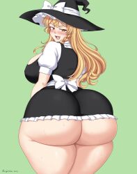Rule 34 | abridged-satoko, ass, blonde hair, breasts, from behind, hat, highres, huge ass, huge breasts, kirisame marisa, looking at viewer, touhou, witch, witch hat, yellow eyes