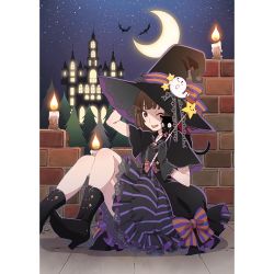 Rule 34 | 1girl, bat (animal), black cat, black gloves, boots, bow, bowtie, brick wall, brown eyes, brown hair, candle, castle, cat, cloak, crescent moon, frilled skirt, frills, ghost, gloves, hat, high heel boots, high heels, knees up, looking at viewer, monogatari (series), moon, one eye closed, open mouth, sengoku nadeko, sitting, skirt, solo, star (symbol), striped clothes, striped skirt, wand, watanabe akio, witch, witch hat