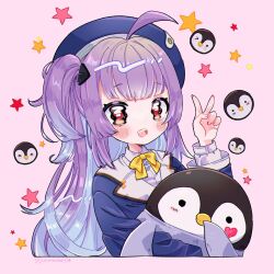 Rule 34 | 1girl, 1other, ahoge, animal, beret, bird, blue hair, blue headwear, blue jacket, blunt bangs, blush stickers, bow, bowtie, collared shirt, colored inner hair, cropped torso, goddess of victory: nikke, gradient hair, hat, highres, holding, holding animal, jacket, light blue hair, long hair, multicolored hair, one side up, penguin, purple hair, rei (nikke), school uniform, shirt, sidelocks, star (symbol), starry background, twitter username, uniofthedead, v, white shirt, yellow bow, yellow bowtie