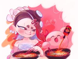 Rule 34 | 1girl, blush, chest sarashi, chopsticks, closed eyes, closed mouth, commentary request, crossover, ear piercing, food, highres, hot sauce, kirby, kirby: star allies, kirby (series), licking lips, nintendo, noodles, octoling, open mouth, pepper, piercing, pouring, red eyes, sarashi, shiver (splatoon), signature, smile, soup, splatoon (series), splatoon 3, sweat, tentacle hair, tongue, tongue out, twitter username, upper body, watermark, yu 0omaru