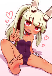 Rule 34 | 1girl, animal ears, blonde hair, blush, breasts, character request, chibi, cleavage, collar, collarbone, dark-skinned female, dark skin, etrian odyssey, gradient background, heart, heart-shaped pupils, highres, leotard, long hair, looking at viewer, medium breasts, naga u, open mouth, pink background, playboy bunny, simple background, sitting, smile, solo, spread legs, symbol-shaped pupils, v, white background, wrist cuffs