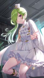 Rule 34 | ahoge, aiguillette, ascot, backlighting, boots, cape, ceiling, frilled skirt, frills, girl cafe gun, green hair, hair over one eye, highres, holographic interface, indoors, jacket, knee boots, layered skirt, leg up, legwear garter, long hair, long sleeves, looking at viewer, medal, mini shako cap, miniskirt, nie shirou (girl cafe gun), official art, one eye covered, outstretched hand, purple eyes, reaching, reaching towards viewer, shirt, side ponytail, single hair ring, skirt, smile, standing, standing on one leg, tilted headwear, white ascot, white cape, white footwear, white headwear, white jacket, white shirt, white skirt