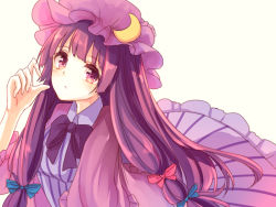 Rule 34 | 1girl, coat, crescent, crescent hair ornament, dress, hair ornament, hair ribbon, hat, kashiwagi chisame, long hair, long sleeves, looking at viewer, mob cap, open clothes, open coat, patchouli knowledge, purple eyes, purple hair, ribbon, solo, striped clothes, striped dress, touhou, tress ribbon, very long hair, wide sleeves