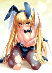 Rule 34 | 1girl, animal ears, blonde hair, blue eyes, blush, bow, bowtie, breasts, covering privates, covering breasts, crossed arms, detached collar, fake animal ears, gun, handgun, high heels, highres, kneeling, large breasts, leotard, leotard pull, little busters!, long hair, pantyhose, pistol, playboy bunny, rabbit ears, sitting, solo, sweat, tokido saya, torn clothes, torn pantyhose, very long hair, wariza, weapon, wrist cuffs, zen