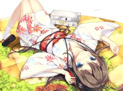 Rule 34 | 1girl, blue eyes, blush, breasts, brown hair, cable, collarbone, dutch angle, floral print, full body, hand on headphones, headphones, japanese clothes, kimono, leaf, long hair, looking at viewer, looking to the side, looking up, lying, medium breasts, obi, on back, original, print kimono, sandals, sash, shiny skin, shirohina, short kimono, smile, socks, solo, very long hair, white socks, wide sleeves