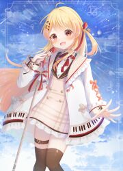 Rule 34 | 1girl, absurdres, ahoge, black thighhighs, blonde hair, blue sky, blush, brown dress, cloud, dress, fortissimo, hair ornament, hair ribbon, highres, hinata ruzuki, holding, holding microphone, hololive, hololive dev is, long hair, looking at viewer, microphone, musical note, musical note hair ornament, neck ribbon, open mouth, otonose kanade, red eyes, red ribbon, ribbon, skindentation, sky, smile, solo, thigh strap, thighhighs, thighs, very long hair, virtual youtuber, zettai ryouiki