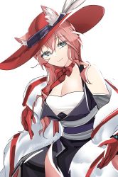 Rule 34 | 1girl, absurdres, animal ear fluff, animal ears, arknights, belt, black dress, blue eyes, breasts, cat ears, choker, cleavage, commentary, dress, ears through headwear, gloves, grey belt, hair between eyes, heidi (arknights), highres, infection monitor (arknights), lahaijiaojiao, large breasts, long hair, looking at viewer, pink hair, red choker, red gloves, red headwear, simple background, smile, solo, upper body, white background