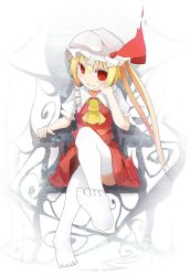 Rule 34 | 1girl, blonde hair, blouse, collared shirt, female focus, flandre scarlet, hat, highres, koboke (scscsc), looking at viewer, mob cap, red eyes, shirt, smile, solo, thighhighs, touhou, white hat, white shirt, white thighhighs