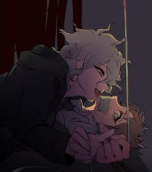 Rule 34 | 2boys, black background, boy on top, brown eyes, brown hair, commentary, commentary request, danganronpa (series), danganronpa 2: goodbye despair, from side, gag, green eyes, grey background, grey hair, gwanlamcha, hair between eyes, half-closed eyes, highres, hinata hajime, hood, improvised gag, komaeda nagito, licking, looking at viewer, male focus, multiple boys, necktie, open mouth, saliva, short hair, sweatdrop, symbol-only commentary, tape, tape gag, two-tone background, yaoi