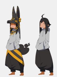 Rule 34 | 1girl, abata, ahoge, anubis (mythology), baggy pants, black hair, egyptian, expressionless, female focus, hands in pockets, hat, hood, hoodie, original, oversized clothes, pants, solo