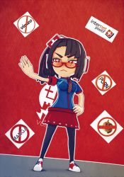 Rule 34 | 1girl, blush, crossed out, english text, glasses, hamster, highres, internet positif, ipo-chan, necktie, pantyhose, red-framed eyewear, red background, red eyes, shoes, sidelocks, simple background, skirt, sneakers, solo, thighhighs, vusiuz