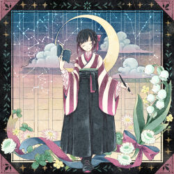 Rule 34 | 1girl, black border, black footwear, black hair, black hakama, blue background, blue ribbon, book, boots, border, bow, braid, buttercup (flower), buttons, canis major (constellation), cetus (constellation), closed eyes, cloud, clover, clover (flower), cocoroppy, collared shirt, commentary request, constellation, crescent moon, daisy, duplicate, facing viewer, floral border, flower, full body, gemini (constellation), gradient background, hair bow, hair ribbon, hakama, hakama skirt, hand up, head tilt, highres, holding, holding book, holding pen, japanese clothes, kimono, lace trim, lepus (constellation), lily of the valley, moon, nib pen (object), open book, original, orion (constellation), outside border, pen, pink flower, pisces (constellation), red bow, red kimono, red ribbon, ribbon, shirt, short hair, sidelocks, skirt, smile, solo, standing, star (sky), striped clothes, striped kimono, taurus (constellation), two-tone kimono, white flower, white kimono, white shirt, wide sleeves, yellow background, yellow flower