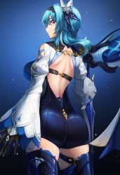 Rule 34 | 1girl, ass, backless outfit, black gloves, black hairband, blue background, blue cape, blue hair, blue leotard, blue thighhighs, breasts, cape, closed mouth, cowboy shot, eula (genshin impact), from behind, genshin impact, gloves, hair between eyes, hair ornament, hairband, highres, holding, holding sword, holding weapon, leotard, long hair, long sleeves, looking at viewer, looking back, multicolored eyes, purple eyes, shiny clothes, shiny skin, simple background, solo, sora (men0105), standing, sword, thighhighs, weapon, wide sleeves, yellow eyes