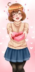 Rule 34 | 10s, 1girl, bakuon!!, blue skirt, blush, box, brown hair, chocolate, chocolate on face, closed eyes, food, food on face, hair ornament, heart, heart-shaped box, highres, miniskirt, open mouth, pantyhose, pink background, pleated skirt, sakura hane, skirt, smile, solo, sweater, thick eyebrows, twrlare, valentine