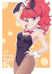 Rule 34 | 1girl, aikatsu!, aikatsu! (series), animal ears, arm up, armpit crease, bare shoulders, black leotard, blush, border, bow, bowtie, breasts, cbgb, cleavage, closed mouth, collarbone, cowboy shot, detached collar, fake animal ears, fake tail, fishnet thighhighs, fishnets, hand on own hip, happy birthday, highleg, highleg leotard, highres, kurebayashi juri, leotard, long hair, looking at viewer, medium breasts, outline, outside border, playboy bunny, ponytail, purple eyes, rabbit ears, red bow, red bowtie, red hair, smile, solo, strapless, strapless leotard, symbol-only commentary, tail, thighhighs, traditional bowtie, wavy hair, white border, white outline, wrist cuffs, yellow background