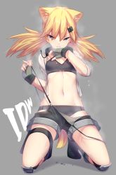 Rule 34 | 1girl, animal ears, bikini, black bikini, black socks, blonde hair, blue eyes, blush, breasts, character name, closed mouth, commentary request, dev (dev0614), fingerless gloves, full body, girls&#039; frontline, gloves, grey background, grey gloves, highres, idw (girls&#039; frontline), knee pads, kneehighs, kneeling, long hair, navel, open clothes, open shirt, revision, shirt, shorts, simple background, sleeves rolled up, small breasts, socks, solo, sports bikini, suspender shorts, suspenders, sweat, swimsuit, thighs, tsurime, twintails