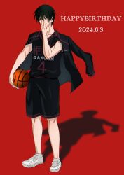 Rule 34 | 1boy, absurdres, adjusting eyewear, ball, basketball, basketball (object), basketball uniform, black eyes, black hair, black shorts, commentary request, dated, english text, full body, glasses, hand up, happy birthday, highres, holding, holding ball, imayoshi shouichi, jacket, jacket on shoulders, jersey, kuroko no basuke, looking at viewer, male focus, one eye closed, red background, shadow, shirt, shoes, short hair, shorts, simple background, smile, sneakers, socks, solo, sportswear, standing, tofu hanbagu, white footwear