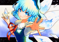 Rule 34 | 1girl, blue dress, blue eyes, blue hair, blush, bow, cirno, collared shirt, detached wings, dress, fairy, frilled shirt collar, frills, green bow, hair between eyes, hair bow, highres, ice, ice wings, long sleeves, open mouth, qqqrinkappp, shirt, short hair, smile, solo, touhou, traditional media, upper body, white shirt, wings