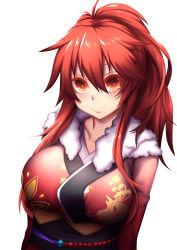 Rule 34 | 1girl, arms at sides, breasts, closed mouth, elesis (elsword), elsword, fi-san, fur, hair between eyes, highres, japanese clothes, kimono, large breasts, long hair, looking at viewer, obi, ponytail, red eyes, red hair, sash, sidelocks, smile, solo, upper body, white background