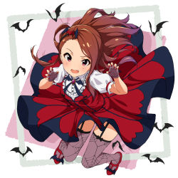 Rule 34 | 1girl, asanaya, bad hands, bat (animal), blush, brown hair, claw pose, commentary request, dress, fang, fingerless gloves, garter straps, gloves, hair ornament, highres, idolmaster, idolmaster (classic), idolmaster million live!, idolmaster million live! theater days, long hair, looking at viewer, minase iori, my dear vampire, nail polish, open mouth, puffy short sleeves, puffy sleeves, red eyes, red footwear, red nails, shoes, short sleeves, smile, thighhighs, tongue