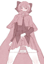 Rule 34 | 1girl, blush, bow, cape, colorized, covering own mouth, hair bow, hair ornament, long sleeves, looking at viewer, monochrome, panties, panty pull, pussy juice, pussy juice stain, red eyes, red hair, sekibanki, shirt, short hair, simple background, sketch, skirt, solo, spot color, touhou, underwear, urin, wet, white background