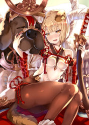 Rule 34 | 1girl, animal ears, bell, black pantyhose, blonde hair, blunt bangs, blush, choker, detached sleeves, dog, dog ears, dog tail, erune, granblue fantasy, japanese clothes, looking at viewer, neck bell, open mouth, pantyhose, rope, shimenawa, short hair, solo, sword, tail, vajra (granblue fantasy), weapon, xephonia