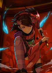 Rule 34 | 1girl, brown hair, flower, hair flower, hair ornament, holding, holding sword, holding weapon, japanese clothes, katana, kimono, looking at viewer, momohime, oboro muramasa, on one knee, red eyes, sheath, signature, solo, sword, thighhighs, unsheathing, weapon, werkbau