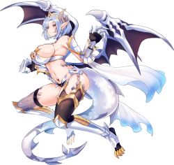 Rule 34 | 1girl, adelina, ai～ izyou naru kuusou sekai～, armor, breasts, cape, claws, cleavage, dmm, flying, highres, horns, huge breasts, large breasts, pale skin, pointy ears, scales, short hair, sideboob, solo, tail, thighhighs, tiara, white hair, wings