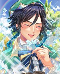 Rule 34 | 1boy, absurdres, androgynous, beret, black hair, blue flower, blue hair, bow, braid, cape, closed eyes, cloud, cloudy sky, collared cape, collared shirt, day, flower, frilled sleeves, frills, genshin impact, gradient hair, green flower, green hat, hair flower, hair ornament, hat, highres, holding, holding flower, instrument, kekentang, leaf, long sleeves, lyre, male focus, multicolored hair, open mouth, outdoors, rainbow, shirt, short hair with long locks, sky, smile, solo, sparkle, tree, twin braids, venti (genshin impact), white flower, white shirt