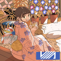 Rule 34 | 1girl, blue flower, blunt bangs, brown eyes, brown hair, cup, flower, from behind, grass, highres, holding, holding cup, japanese clothes, kimono, looking at viewer, looking back, morning glory, original, parted lips, pink kimono, plant, potted plant, print kimono, purple flower, saitou 310, shadow, smile, solo