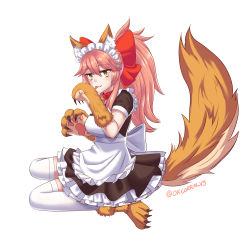 Rule 34 | 1girl, alternate costume, animal ears, animal hands, apron, bad id, bad pixiv id, bell, breasts, cat paws, collar, dress, enmaided, fang, fangs, fate/grand order, fate (series), fox ears, fox tail, gloves, hair ribbon, highres, jingle bell, large breasts, licking, looking at viewer, maid, maid apron, maid headdress, neck bell, o.k.corral, paw gloves, paw shoes, pink hair, ponytail, red ribbon, ribbon, shoes, simple background, sitting, solo, tail, tamamo (fate), tamamo cat (fate), tamamo cat (second ascension) (fate), thighhighs, tongue, tongue out, white background, white thighhighs, yellow eyes