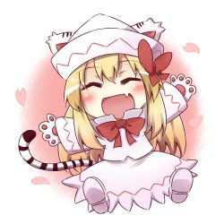 Rule 34 | 1girl, :d, animal ears, animal hands, blonde hair, blush, bow, cat ears, cat girl, cat paws, cat tail, chibi, closed eyes, fang, female focus, hat, heart, kemonomimi mode, lily white, long hair, open mouth, outstretched arms, shirt, sitting, skirt, smile, solo, tail, tiger ears, tiger paws, tiger tail, touhou, yutamaro
