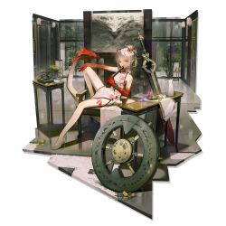 Rule 34 | 1girl, arknights, bare legs, bare shoulders, bead bracelet, beads, bonsai, bracelet, chair, china dress, chinese clothes, dress, folded fan, folding fan, hand fan, high heels, highres, horns, huanxiang heitu, jewelry, looking at viewer, medium hair, multicolored hair, nian (arknights), nian (unfettered freedom) (arknights), official alternate costume, official art, purple eyes, red hair, silver hair, sitting, sleeveless, sleeveless dress, smile, solo, streaked hair, sword, tail, thighs, transparent background, weapon, white dress, white footwear